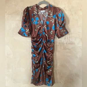 Ganni ruched floral print silk mini.